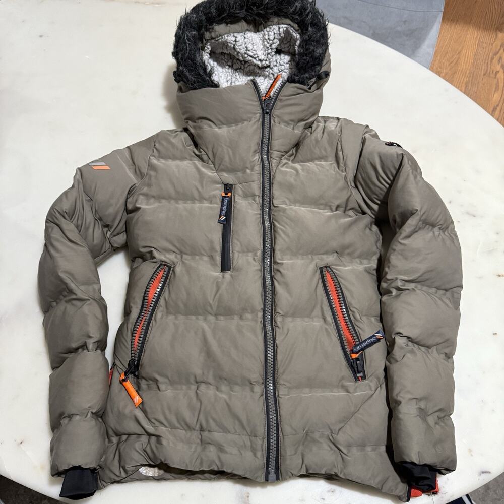Superdry Sonic Weld Women’s XS Gray Hooded Puffer Jacket Faux Fur Sherpa Lined